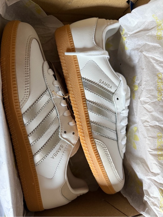 adidas Shoes - adidas Samba Sneakers - White with Gum Sole and Silver Stripes